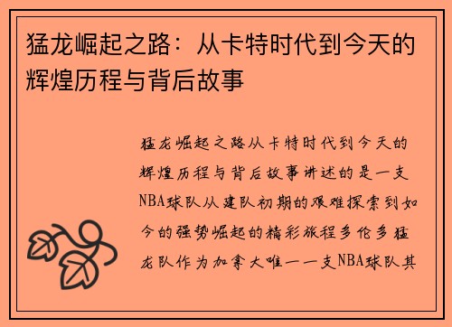 猛龙崛起之路：从卡特时代到今天的辉煌历程与背后故事