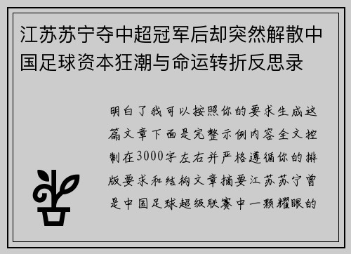 江苏苏宁夺中超冠军后却突然解散中国足球资本狂潮与命运转折反思录 江苏苏宁夺中超冠军后却突然解散中国足球资本狂潮与命运转折反思录